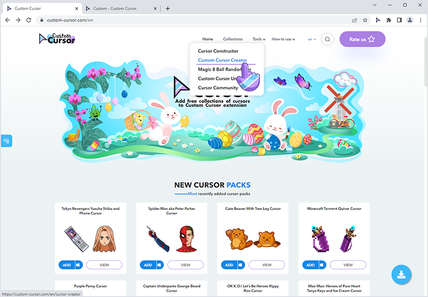 Accessing the Custom Cursor Creator tool.